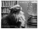 Cat sitting next to a decorative lamp with 'March' text and quote by Ella Baker.